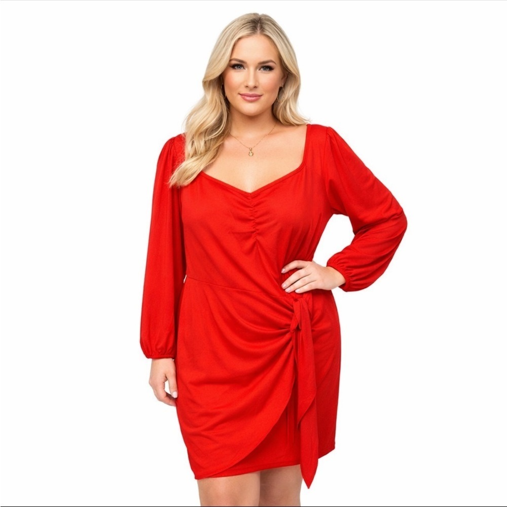 Ava & Viv Women’s 3X Red Faux Wrap Dress Crinkle Long Sleeve Belted Peasant